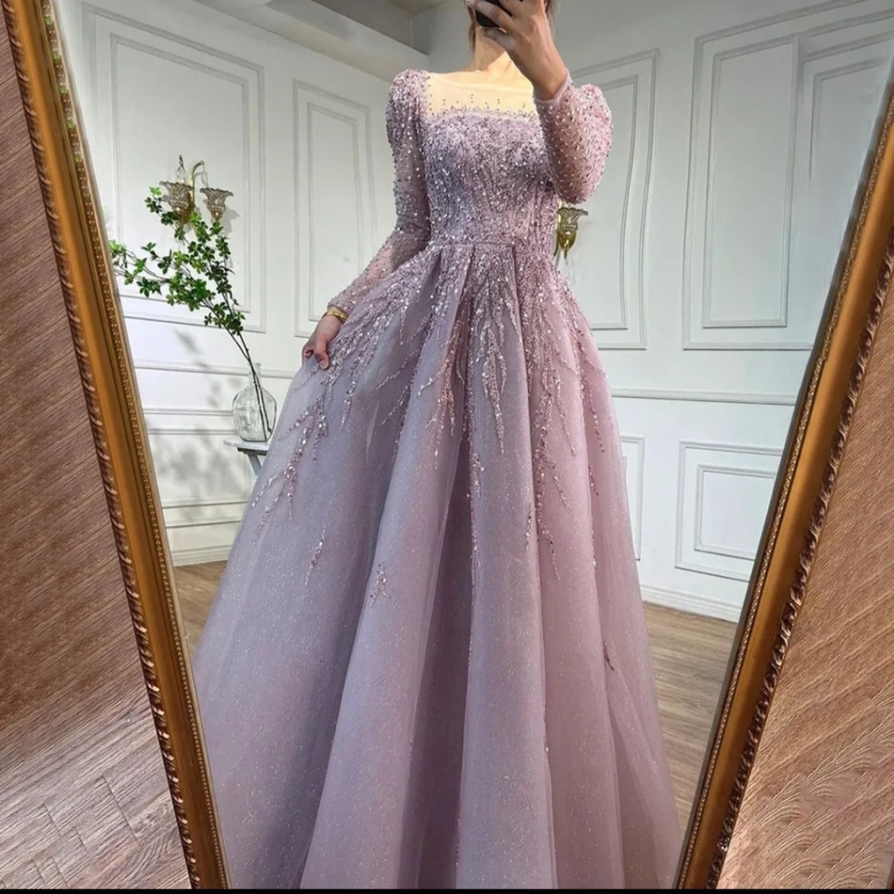 Pink A Line Beaded Luxury Bridesmaid Prom Long Evening Dress Gown